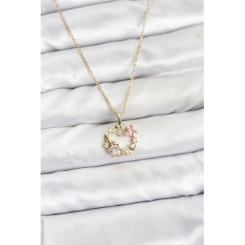 Nevamel® 316L Çelik Zincir Gold Renk Pembe Taş Detaylı Çelenk Model Kadın Kolye 5886