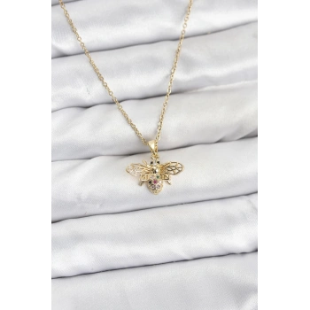 Nevamel® 316L Çelik Zincir Gold Renk Sinek Model Zirkon Taşlı Kadın Kolye 5886