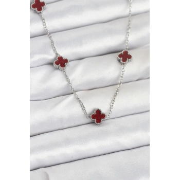 Nevamel® 316L Çelik Zincir Gümüş Renk Bordo Baby Boy Yonca Kadın Kolye 5886