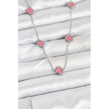 Nevamel® 316L Çelik Zincir Gümüş Renk Pembe Baby Boy Yonca Kadın Kolye 5886
