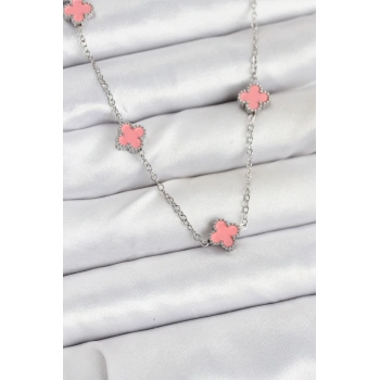 Nevamel® 316L Çelik Zincir Gümüş Renk Pembe Baby Boy Yonca Kadın Kolye 5886