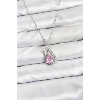 Nevamel® 316L Çelik Zincir Gümüş Renk Pembe Kuğu Model Zirkon Taşlı Kadın Kolye 5886