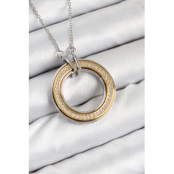 Nevamel® 316L Çelik Zirkon Taşlı Dönen Daire Model Gold Ve Gümüş Renk Kadın Kolye 5886