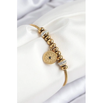 Nevamel® 316L Çelik Zirkon Taşlı Göz Charm Model Gold Renk Kadın Bileklik 5886