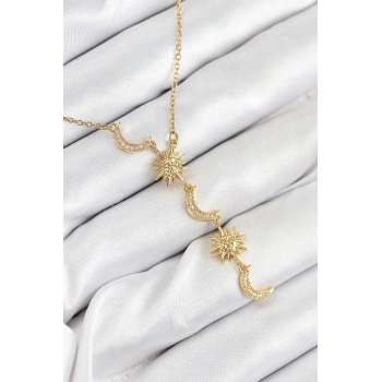 Nevamel® 316L Çelik Zirkon Taşlı Güneş Ve Ay Model Gold Renk Kadın Kolye 5886
