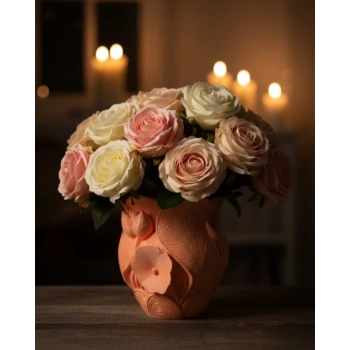 Nevamel® 3D Kabartmalı Çiçek Motifli Turuncu Dekoratif Vazo