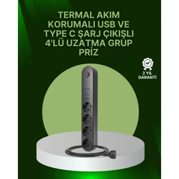 Nevamel® 4 Priz 2 USB 1 Type-C Akım Korumalı Çoklu Priz Led Anahtarlı