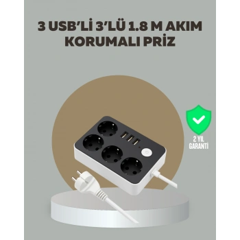 Nevamel 4 Prizli 3 USB Portlu Anahtarlı Akım Korumalı Priz