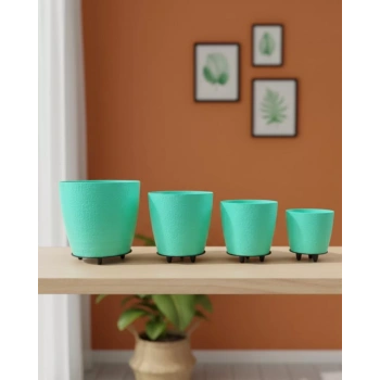 Nevamel® 4’lü 3D Yeşil Dekoratif Vazo Seti Modern Ayaklı Şık Saksı Takımı