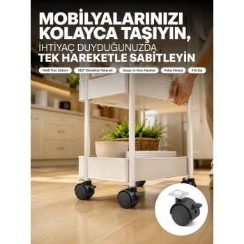 Nevamel® 4’lü Kilitli Tekerlek Ayak 4 cm Sessiz ve Dayanıklı