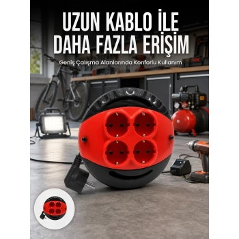 Nevamel® 5 Metre Kablolu 4’lü Kırmızı Priz Makara