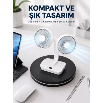 Nevamel® 720° Döner Çift Taraflı Masaüstü Vantilatör – USB Şarjlı Sessiz Fan