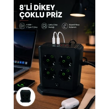Nevamel® 8li Dikey Çoklu Priz 4 USB 2 Type-C Girişli Akım Korumalı Uzatma Prizi