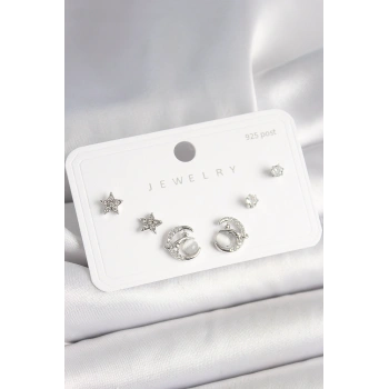 Nevamel® 925 Ayar Gümüş Çivi Zirkon Taşlı Hilal Yıldız Model Kadın Küpe Seti 5886