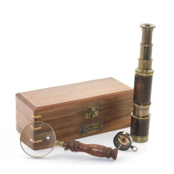 Nevamel Ahşap Kutu Pirinç Pusula, Dürbün, Büyüteç, Seti Model 2