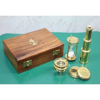 Nevamel Ahşap Kutulu Dürbün, Kum Saati, Büyüteç, Pusula Seti