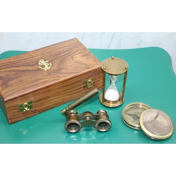 Nevamel Ahşap Kutulu Pirinç Pusula, Kum Saati, Dürbün Seti