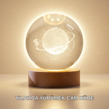 Nevamel® Ahşap Standlı Sarı Işıklı Dekoratif Küre Kız Figürü Tasarım