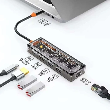 Nevamel ALLY 5in1 Type-c To USB3.0 + USB2.0 + Type-c PD 100W + HDMI + Ethernet Çoğaltıcı Transparan Hub-(5775)