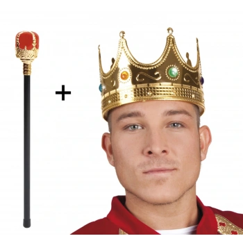 Nevamel Altın Kral Tacı ve Kırmızı Topuzlu Asası Seti