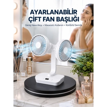 Nevamel® Ayarlanabilir Hızlı Çift Başlıklı Masaüstü Fan – Gece Lambalı Serinletici