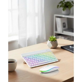 Nevamel® Aydınlatmalı Kablosuz Klavye Mouse Seti Bluetooth Bağlantılı Çoklu Cihaz Uyumlu