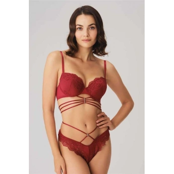 Nevamel® Balenli Destekli Dolgulu Göbek Detaylı Dantelli Sütyen Ve String Takım