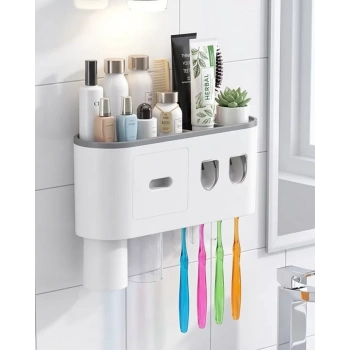 Nevamel® Banyo Organizer Diş Fırçası Tutucu Çift Dispenserli Raflı Çekmeceli