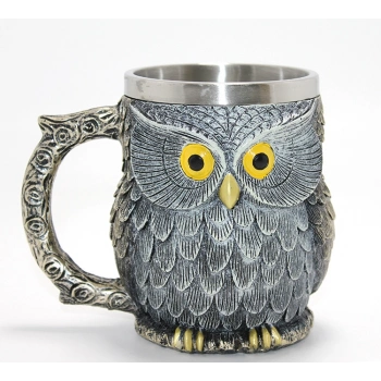 Nevamel® Bilge Baykuş Figürlü 3D Kabartmalı Paslanmaz Çelik Kupa Bardak