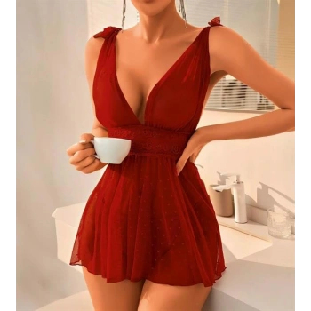 Nevamel® Bordo Dantel İşlemeli Puantiyeli Tül Fantezi Gecelik