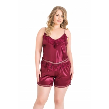Nevamel® Büyük Beden Bordo Saten Babydoll Şort Takımı