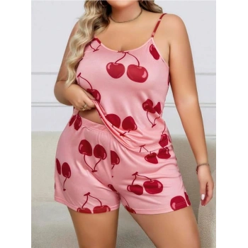 Nevamel® Büyük Beden Pembe Kiraz Desen İnce Askılı Pamuklu Şortlu Pijama Takımı