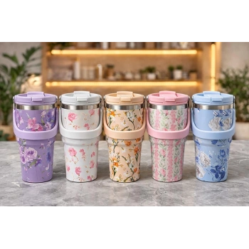 Nevamel® Çiçek Desenli 700 ml Taşıma Kulplu Paslanmaz Çelik Termos Mug Bardak
