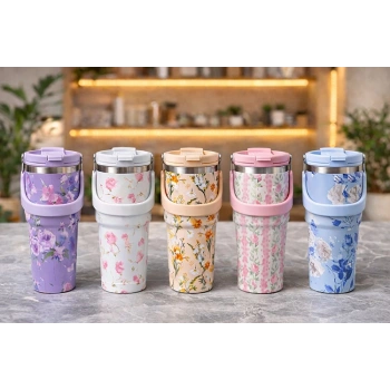 Nevamel® Çiçek Desenli 900 ml Taşıma Kulplu Paslanmaz Çelik Termos Mug Bardak