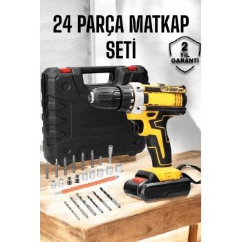 Nevamel® Çift Bataryalı Metal Dişli Darbeli Şarjlı Matkap Seti 24W Güç ve 24 Parça Aksesuar