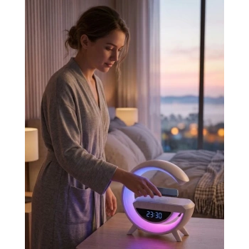 Nevamel® Çok Fonksiyonlu Kablosuz Şarjlı Saat Hoparlör RGB Işık ve Alarm Özellikli