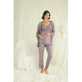 Nevamel® Dantelli Hamile Lohusa 3Lü Pijama Takımı