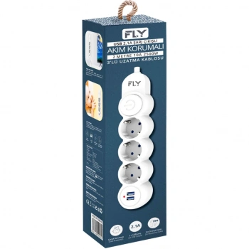 Nevamel® FLY 3393-01 3 Soket 2 USB Akım Korumalı Priz 2.1A Anahtarlı 2Mt Kablo (Beyaz)(1923)