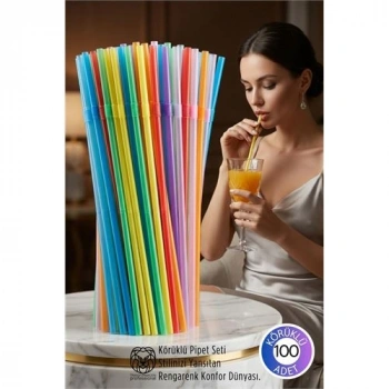 Nevamel® Gökkuşağı Serisi: 100’lü Esnek Körüklü Lüx İçecek Pipeti – 22 cm Premium Sunum Seti