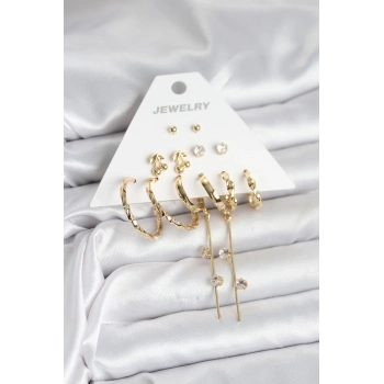 Nevamel® Gold Renk 6 Çift Pirinç Kadın Küpe Seti 5886