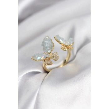 Nevamel® Gold Renk Mavi Kelebek Model Zirkon Taşlı Kadın Yüzük 5886