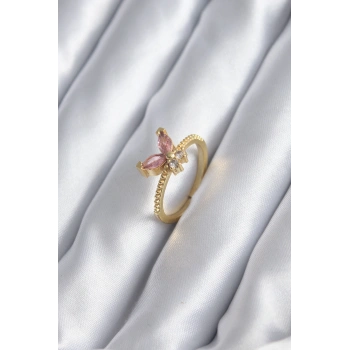 Nevamel® Gold Renk Pembe Zirkon Taşlı Kelebek Model Kadın Yüzük 5886