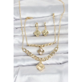 Nevamel® Gold Renk Pirinç Kolye Bileklik ve Küpe Seti 5886