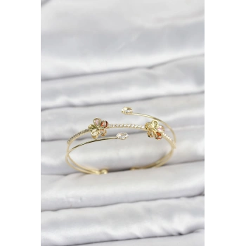 Nevamel® Gold Renk Pirinç Zirkon Taşlı Çiçek Model Kadın Bileklik 5886