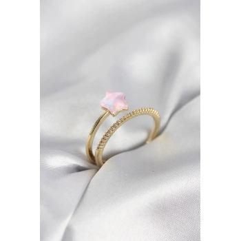 Nevamel® Gold Renk Zirkon Taşlı Pembe Halley Model Kadın Yüzük 5886