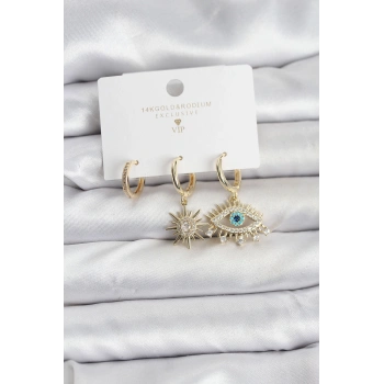 Nevamel® Göz Model Gold Renk Pirinç 3lü Kadın Küpe Seti 5886