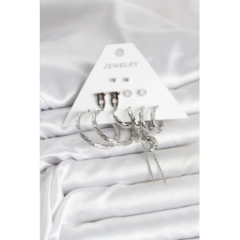 Nevamel® Gümüş Renk Pirinç 6lı Kadın Küpe Seti 5886
