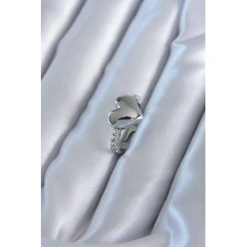 Nevamel® Gümüş Renk Pirinç Zirkon Taşlı Kalp Model Kadın Yüzük 5886
