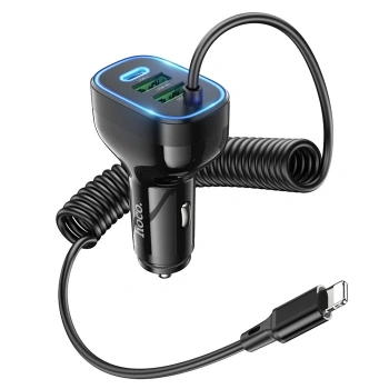 Nevamel HOCO NZ11A 30W 2 USB+ Type-C Girişli iPhone Kablolu Araç Çakmaklık Şarj Aleti-(5775)