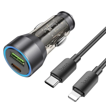 Nevamel HOCO NZ12A Action PD43W USB + Type-C Araç Çakmaklık Hızlı Şarj Aleti + Type-C to iPhone Lightning Ka-(5775)